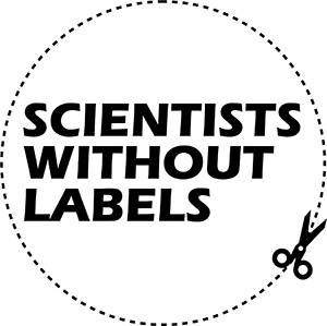 Logo, with the words Scientists without Labels inside dotted outline of a circle and a pair of scissors on the line, as if to cut out the circle.