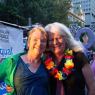 Dr Penny Whetton and her wife, Senator Janet Rice at an event for marriage equality.